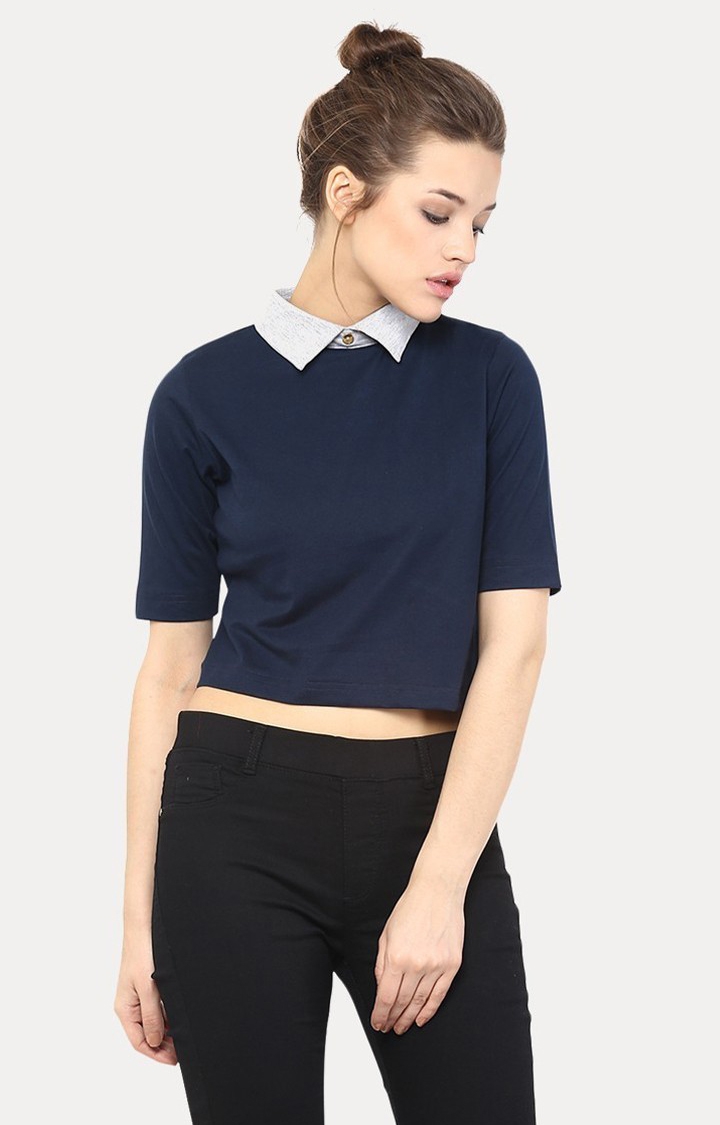 MISS CHASE | Women's Blue Solid Crop T-Shirt