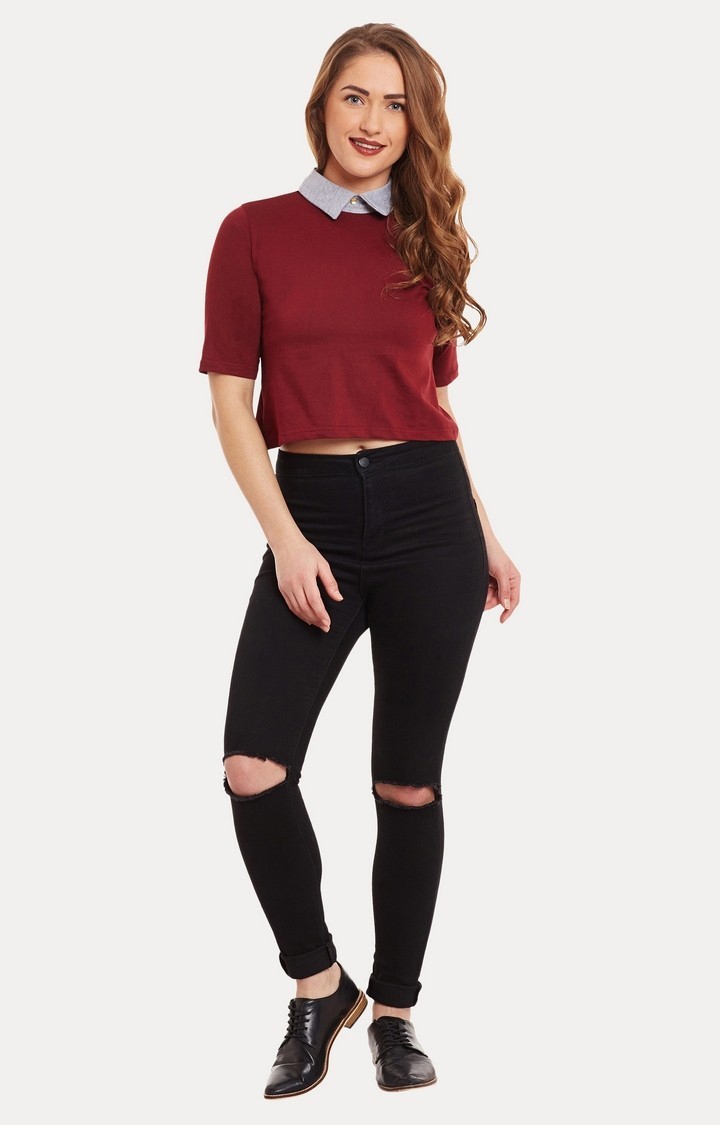Women's Red Viscose SolidCasualwear Crop T-Shirts