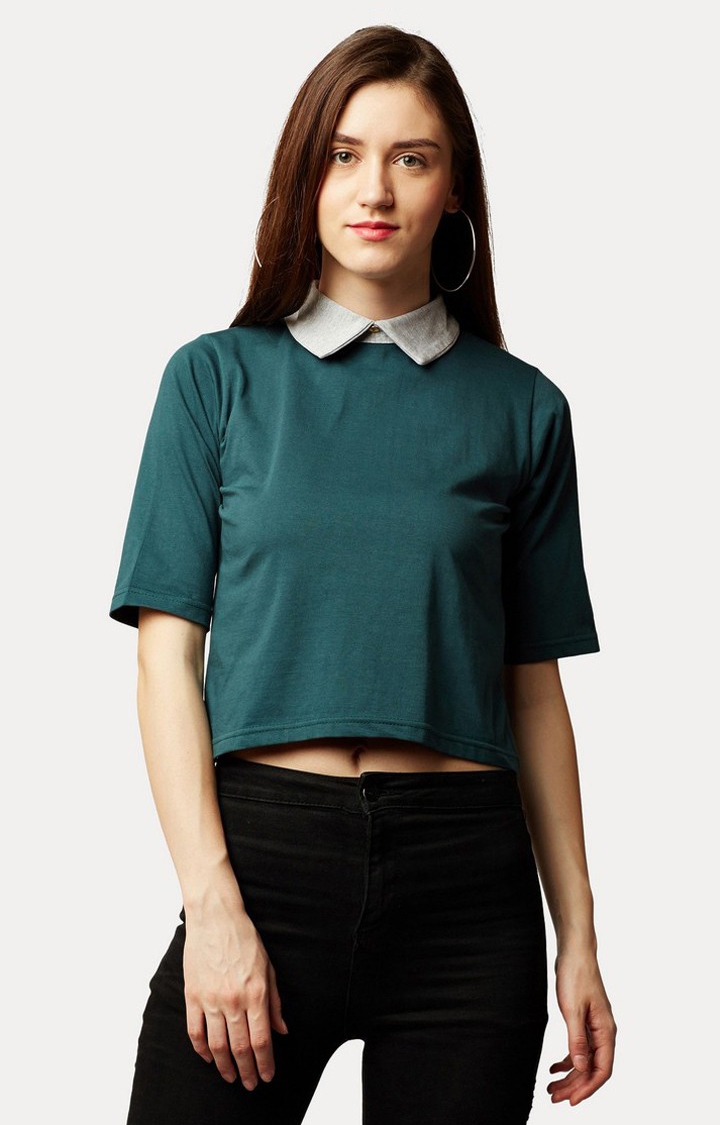 MISS CHASE | Women's Green Solid Crop T-Shirt