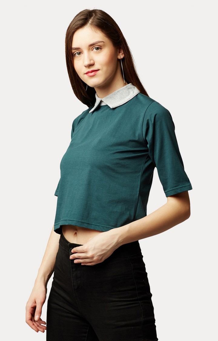 Women's Green Cotton SolidCasualwear Crop T-Shirts