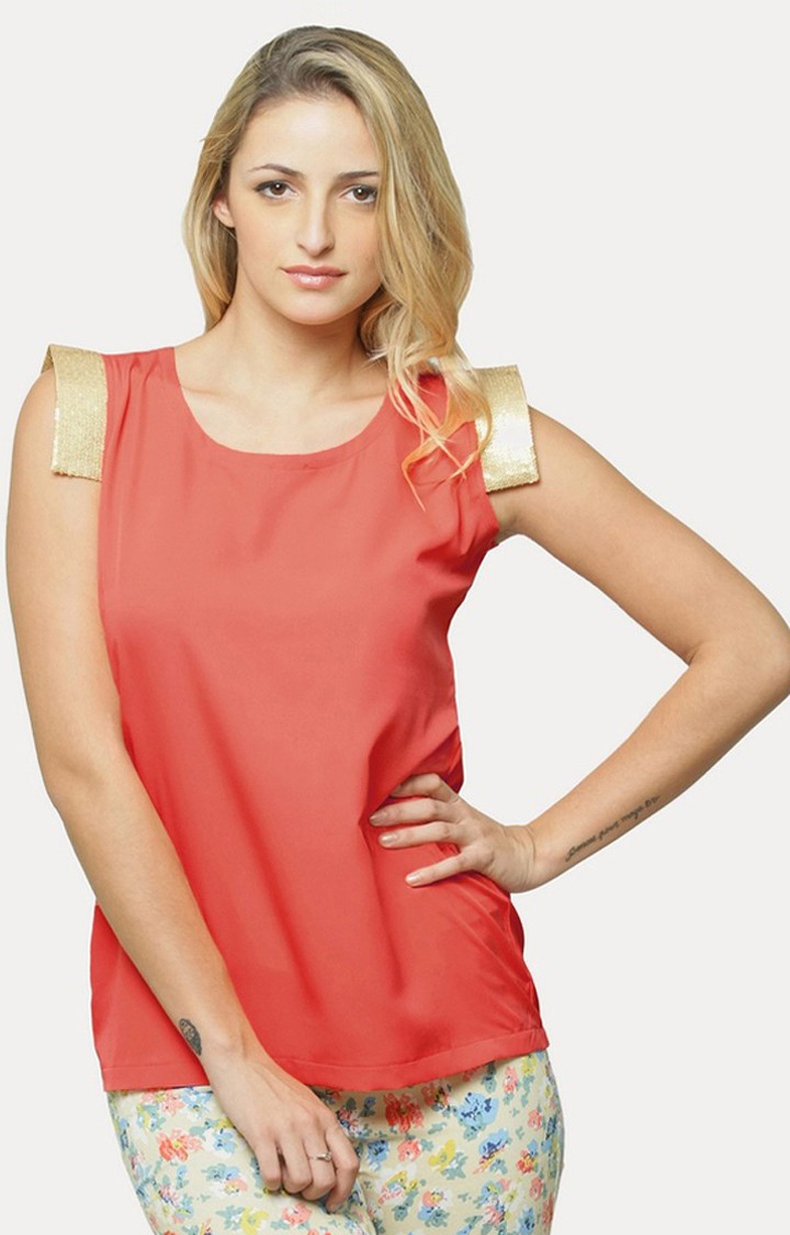 MISS CHASE | Women's Orange Crepe SolidCasualwear Tops
