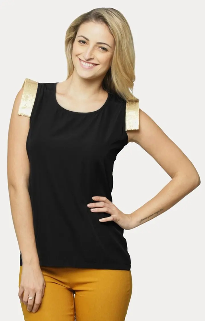 MISS CHASE | Women's Black Crepe SolidCasualwear Tops