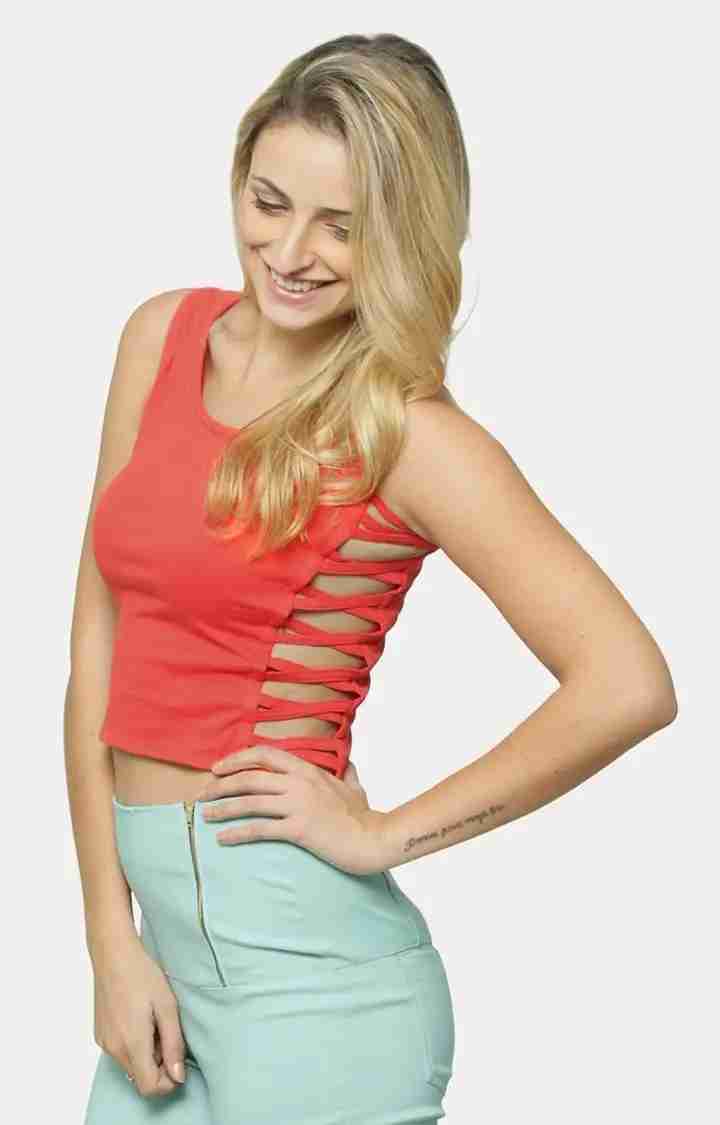 Women's Orange Crepe SolidCasualwear Tank Top