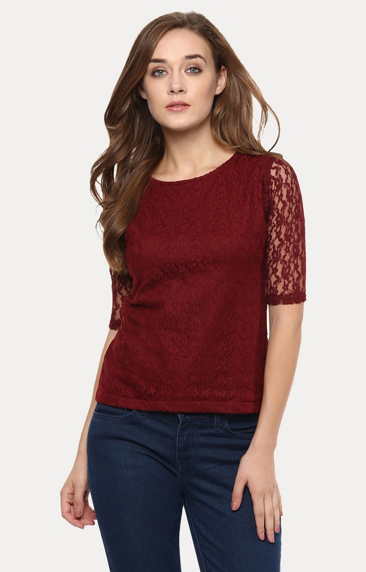 Women's Red Viscose SolidCasualwear Tops
