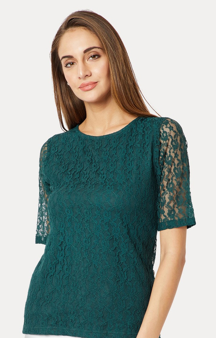 MISS CHASE | Women's Green Cotton SolidCasualwear Tops