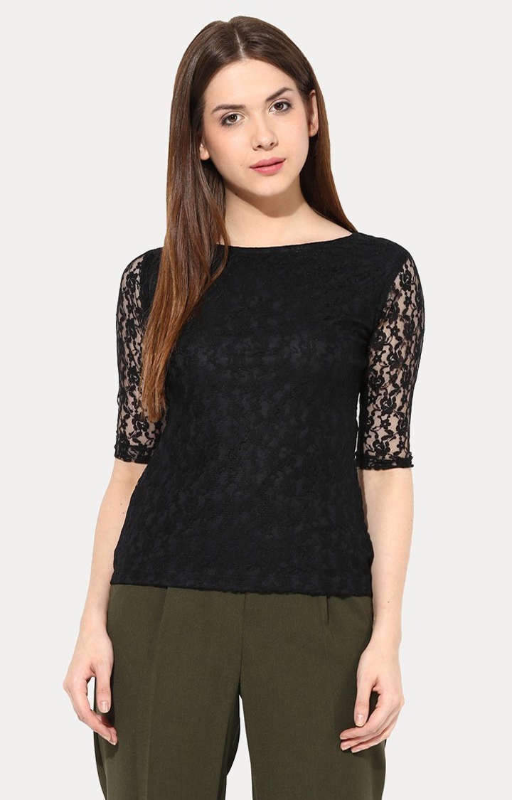 MISS CHASE | Women's Black Viscose SolidCasualwear Tops