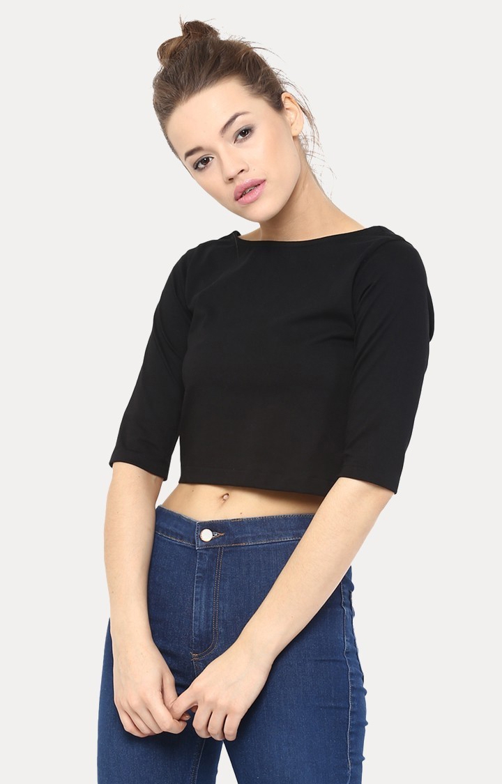 MISS CHASE | Women's Black Viscose SolidCasualwear Crop T-Shirts
