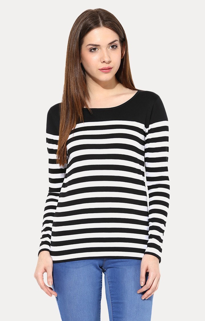 MISS CHASE | Women's White Striped Regular T-Shirts