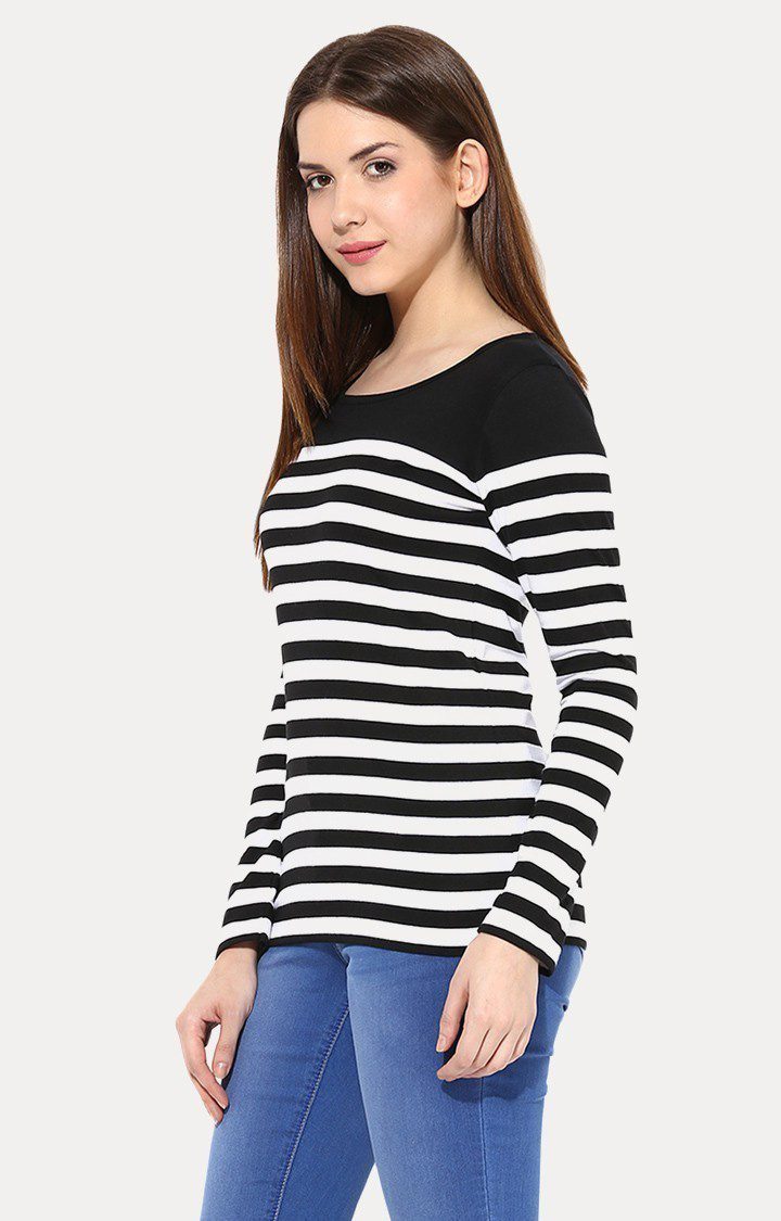 Women's White Viscose StripedCasualwear Regular T-Shirts