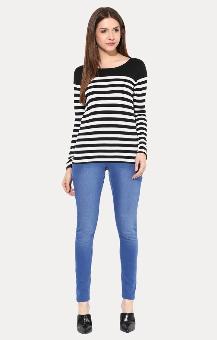 Women's White Viscose StripedCasualwear Regular T-Shirts
