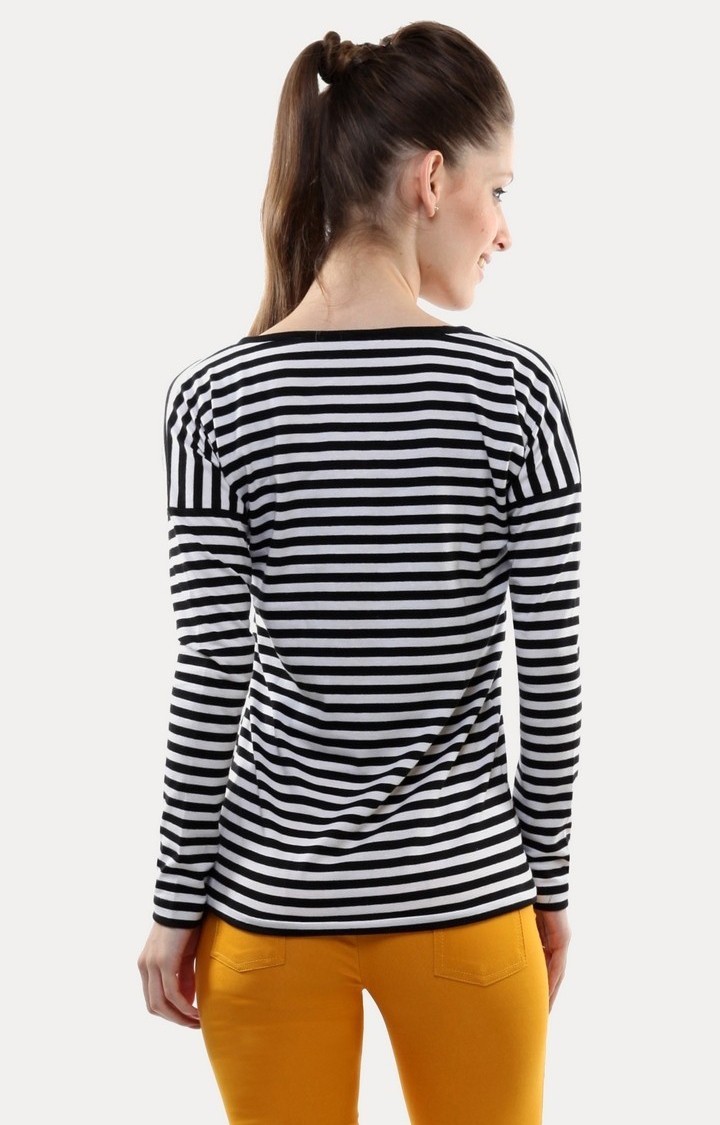 Women's Black Viscose StripedCasualwear Regular T-Shirts