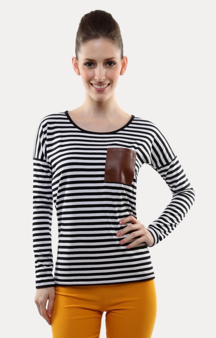Women's Black Striped Regular T-Shirts