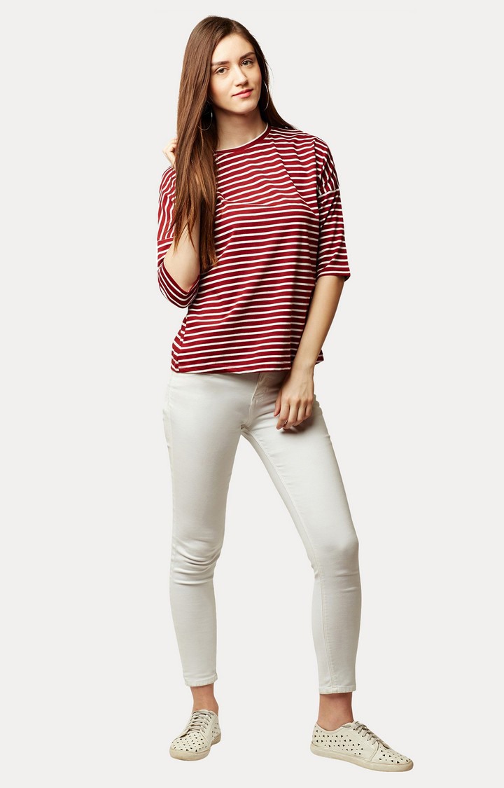 Women's Red Cotton StripedCasualwear Regular T-Shirts