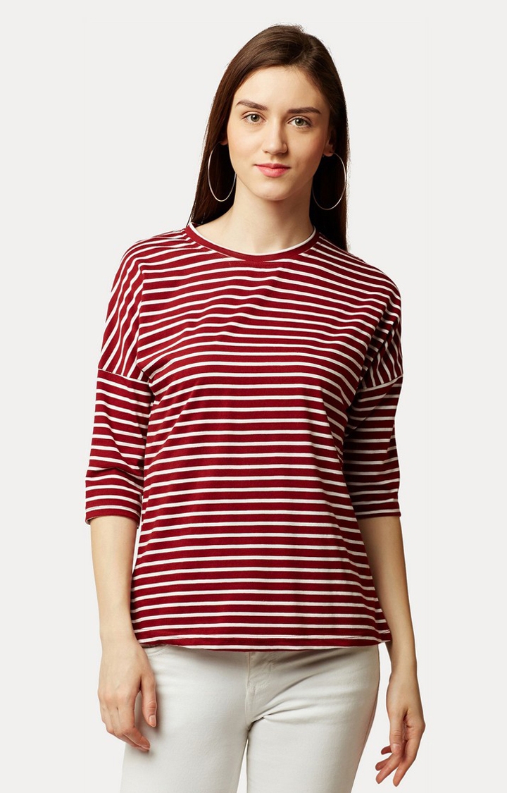 MISS CHASE | Women's Red Cotton StripedCasualwear Regular T-Shirts