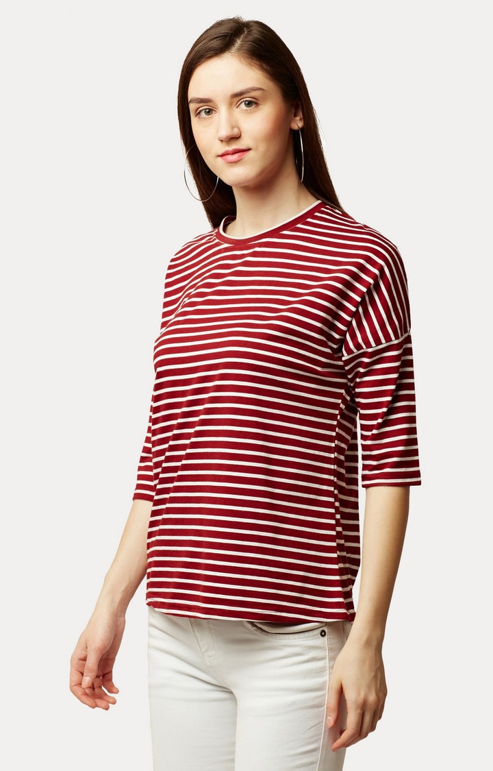 Women's Red Cotton StripedCasualwear Regular T-Shirts