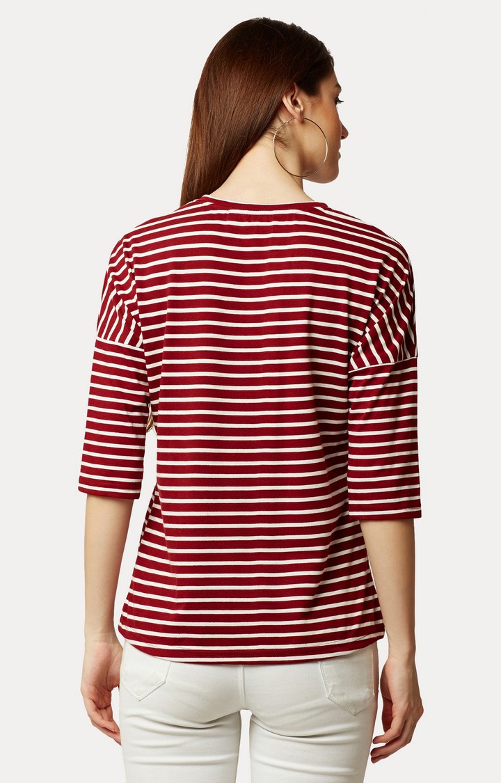 Women's Red Cotton StripedCasualwear Regular T-Shirts