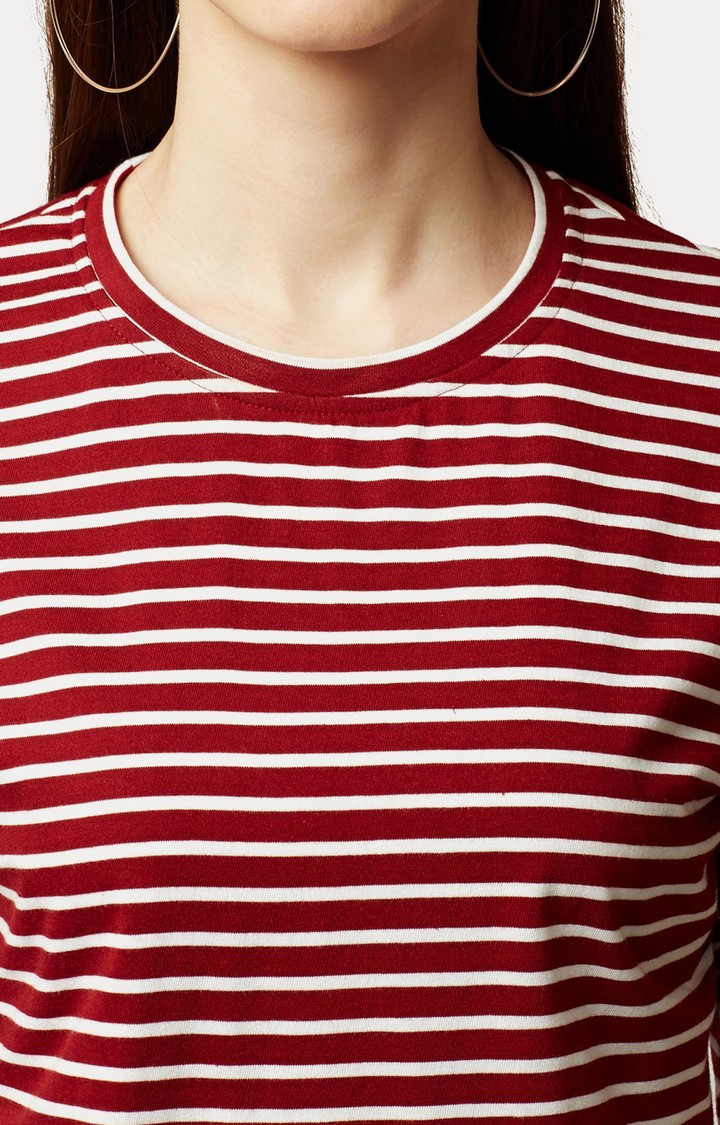 Women's Red Cotton StripedCasualwear Regular T-Shirts