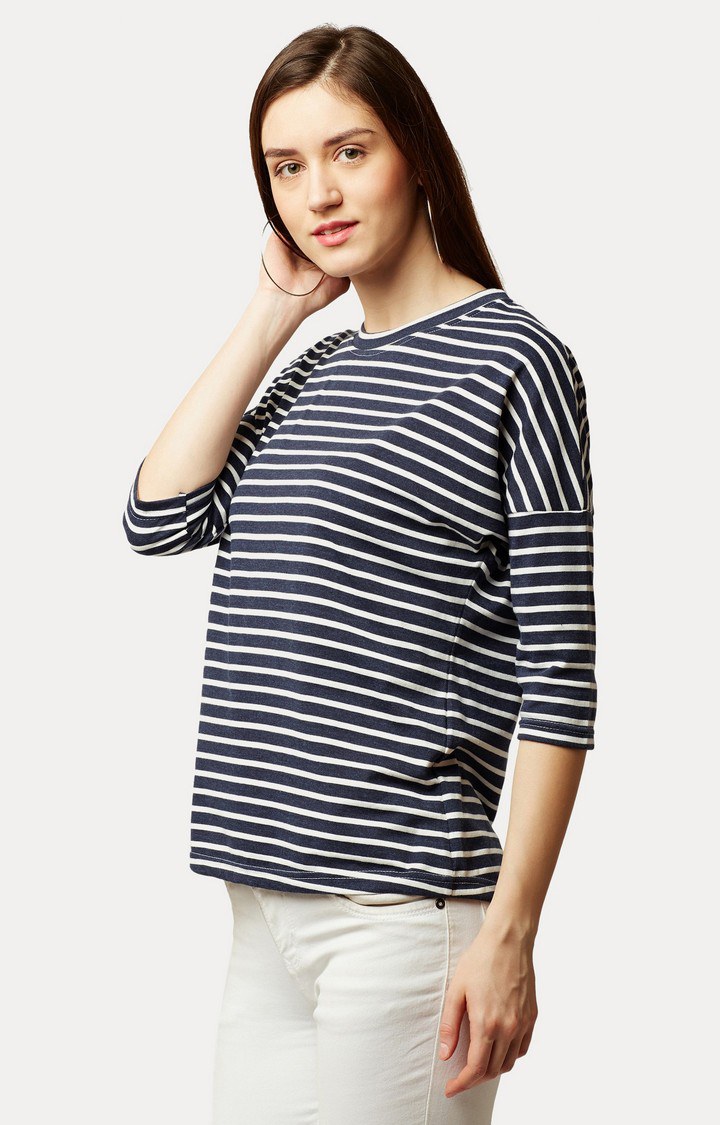 Women's Blue Cotton StripedCasualwear Regular T-Shirts