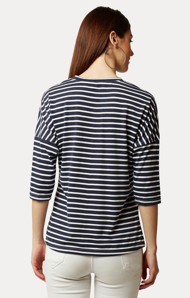 Women's Blue Cotton StripedCasualwear Regular T-Shirts