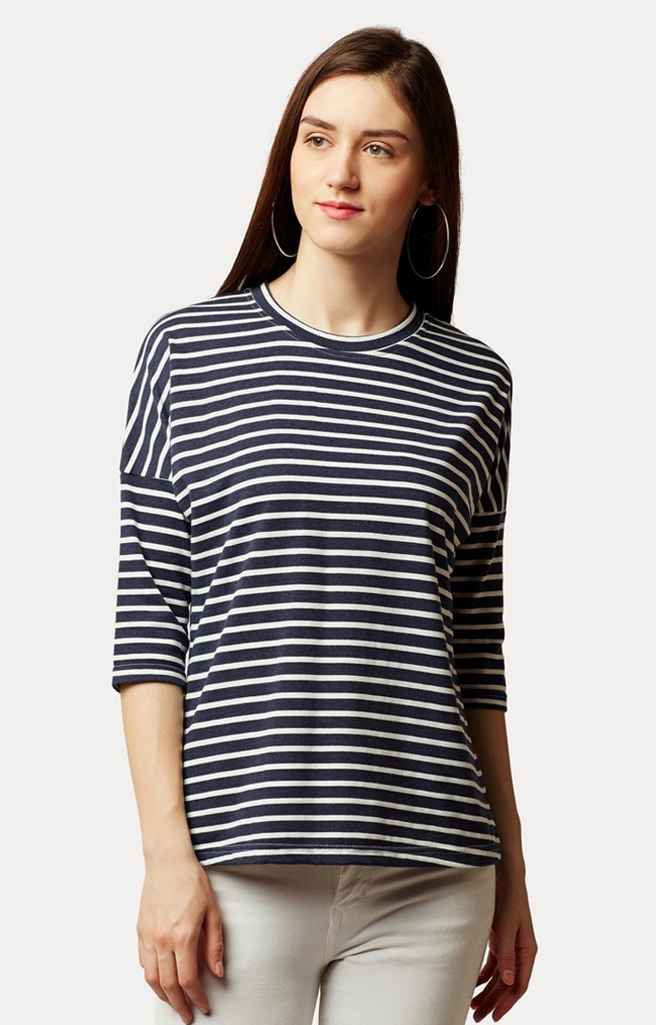 Women's Blue Cotton StripedCasualwear Regular T-Shirts