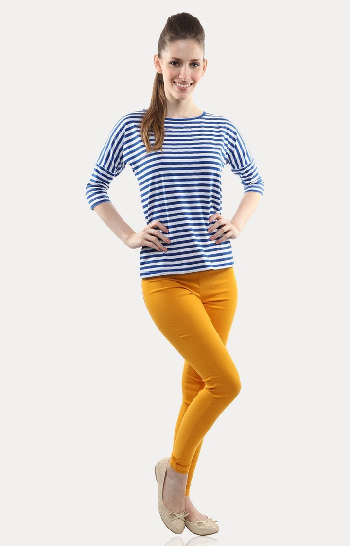 Women's Blue Viscose StripedCasualwear Regular T-Shirts