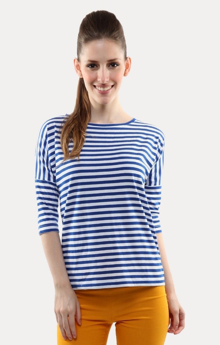 Women's Blue Viscose StripedCasualwear Regular T-Shirts