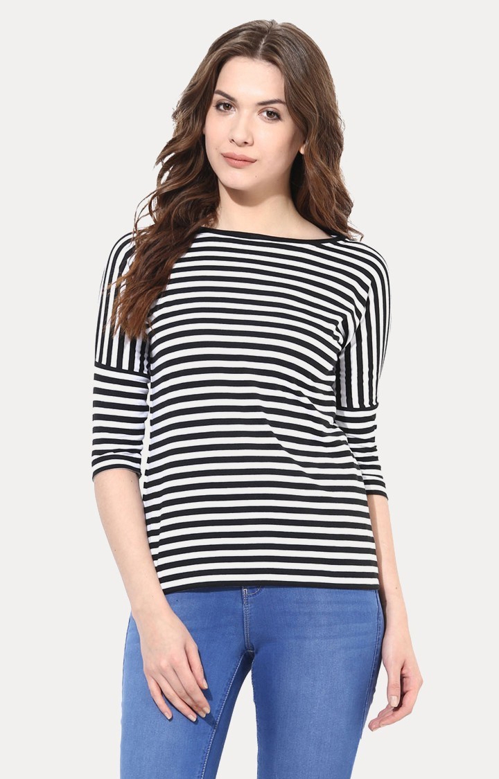 MISS CHASE | Women's White Striped Regular T-Shirts