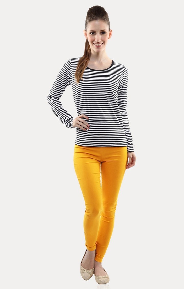 Women's Black Viscose StripedCasualwear Regular T-Shirts