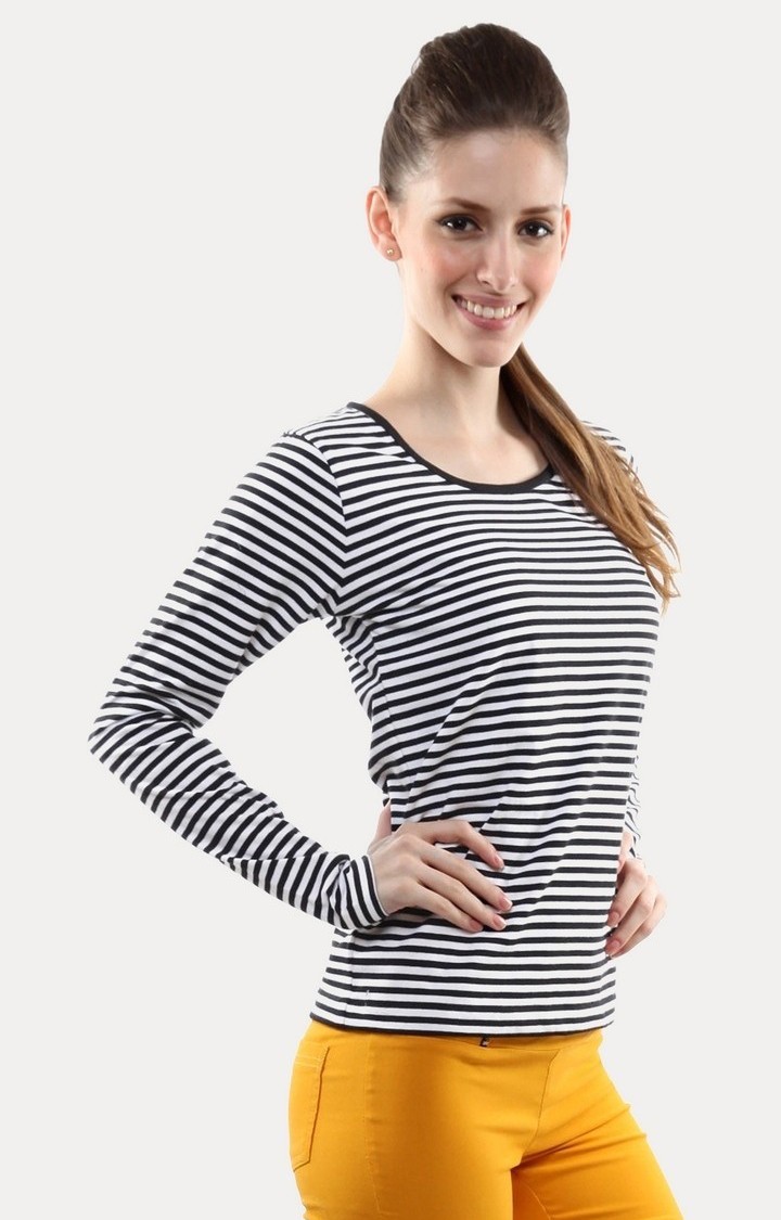 Women's Black Viscose StripedCasualwear Regular T-Shirts