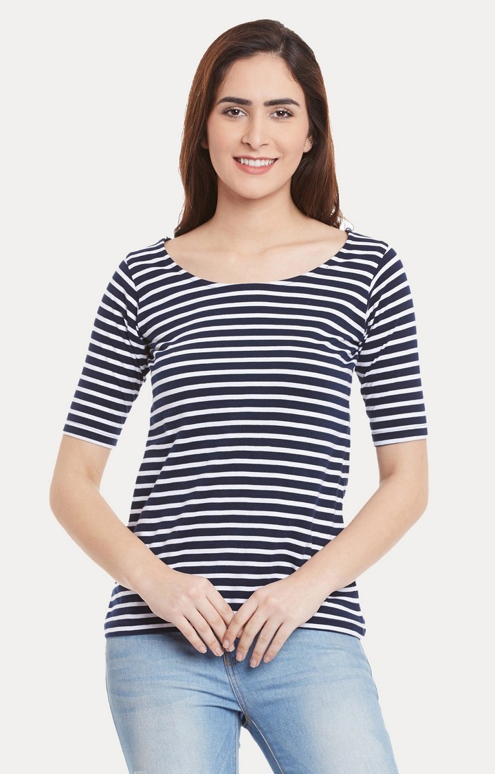 MISS CHASE | Women's Blue Viscose StripedCasualwear Regular T-Shirts