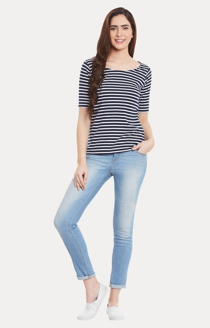 Women's Blue Viscose StripedCasualwear Regular T-Shirts