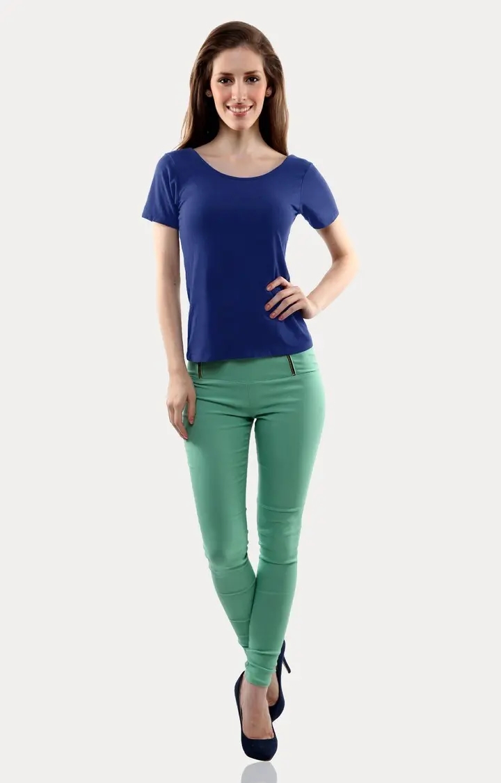 Women's Blue Polyester SolidCasualwear Regular T-Shirts