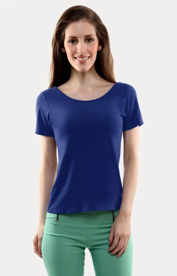 Women's Blue Polyester SolidCasualwear Regular T-Shirts