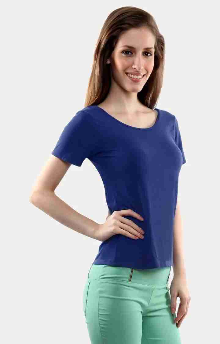 Women's Blue Polyester SolidCasualwear Regular T-Shirts