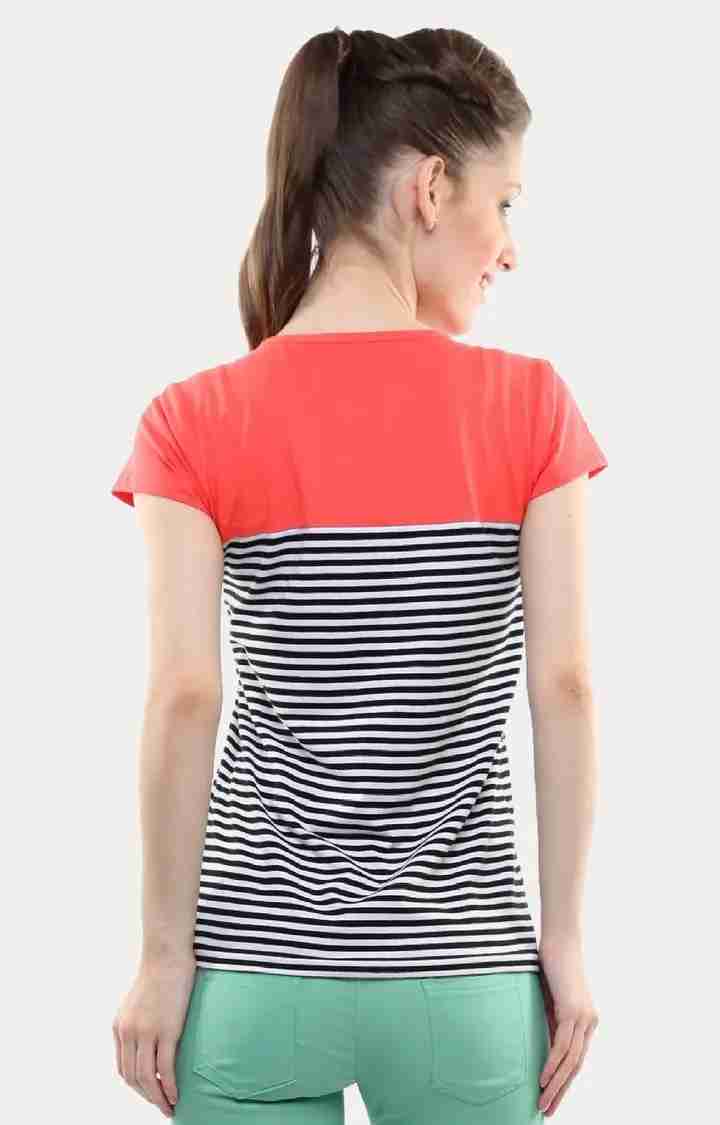 Women's Black Viscose StripedCasualwear Regular T-Shirts