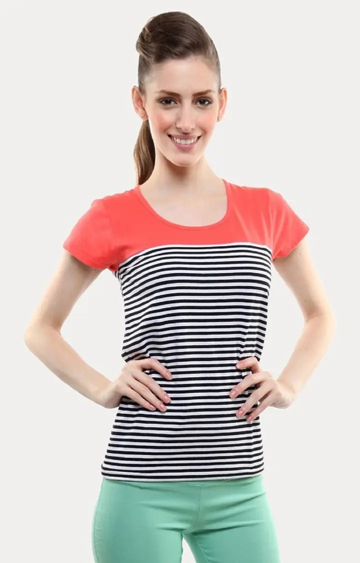 MISS CHASE | Women's Black Viscose StripedCasualwear Regular T-Shirts