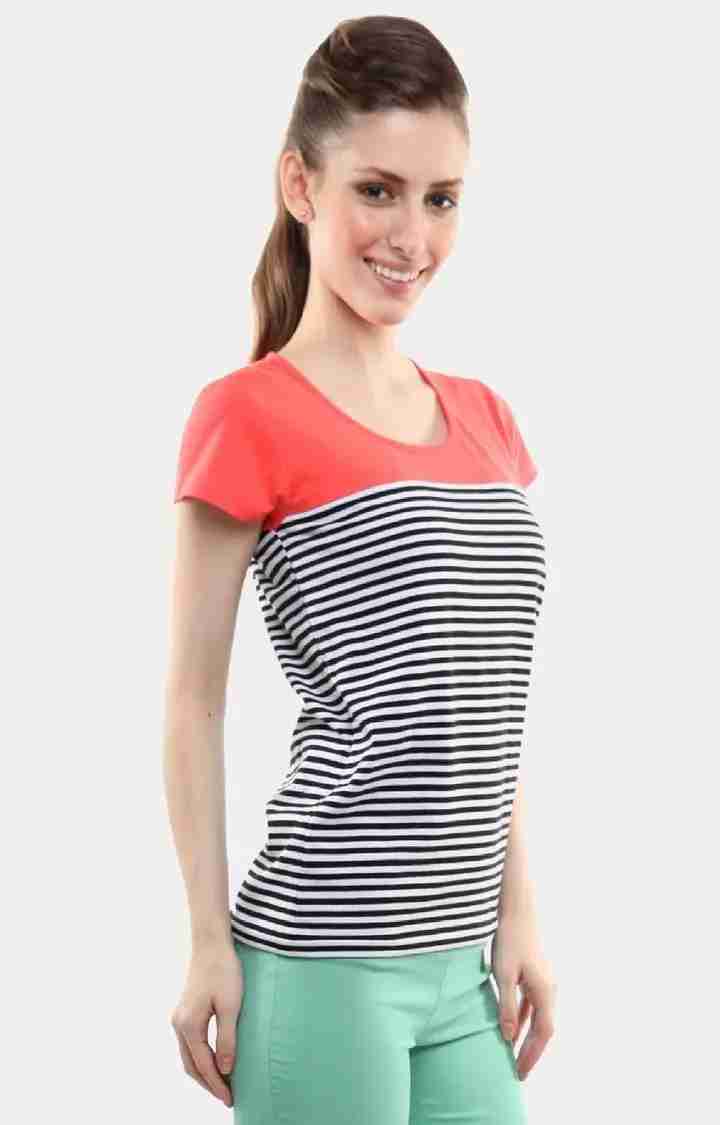 Women's Black Viscose StripedCasualwear Regular T-Shirts