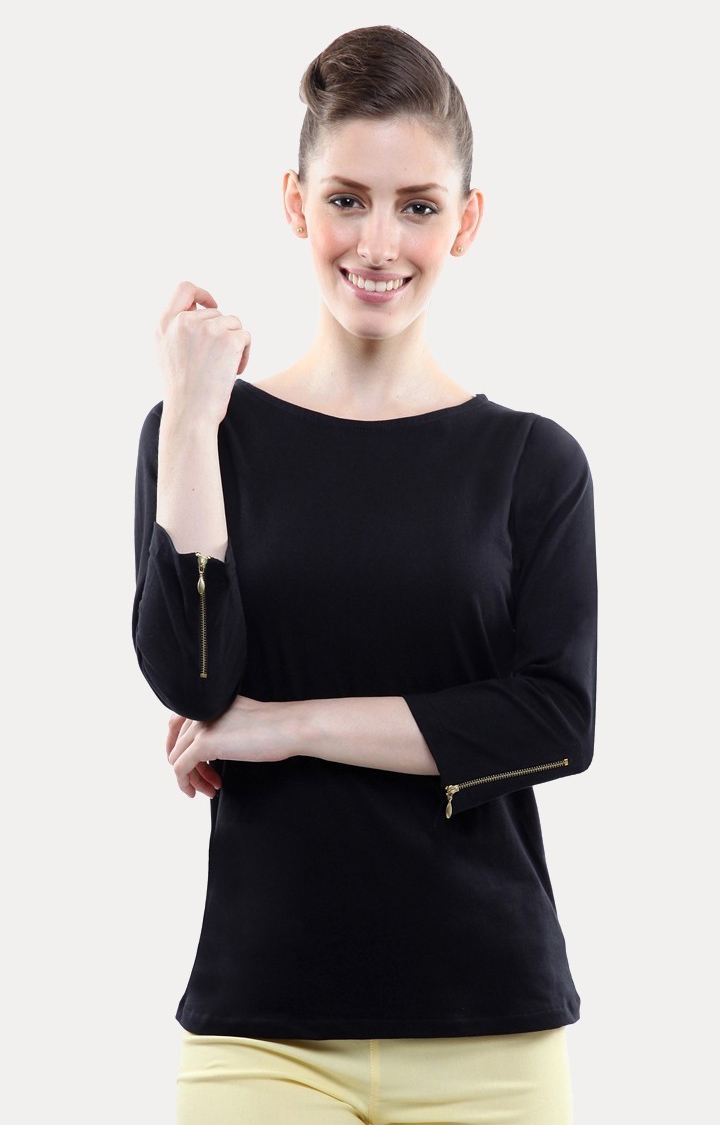 MISS CHASE | Women's Black Viscose SolidCasualwear Regular T-Shirts