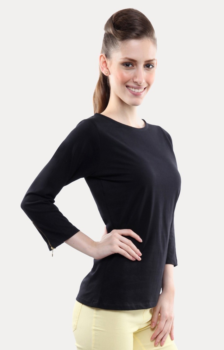 MISS CHASE | Women's Black Solid Regular T-Shirts 2