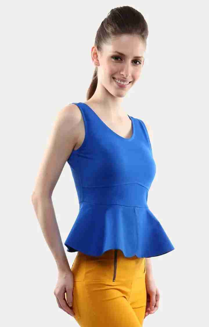 Women's Blue Viscose SolidCasualwear Peplum Top