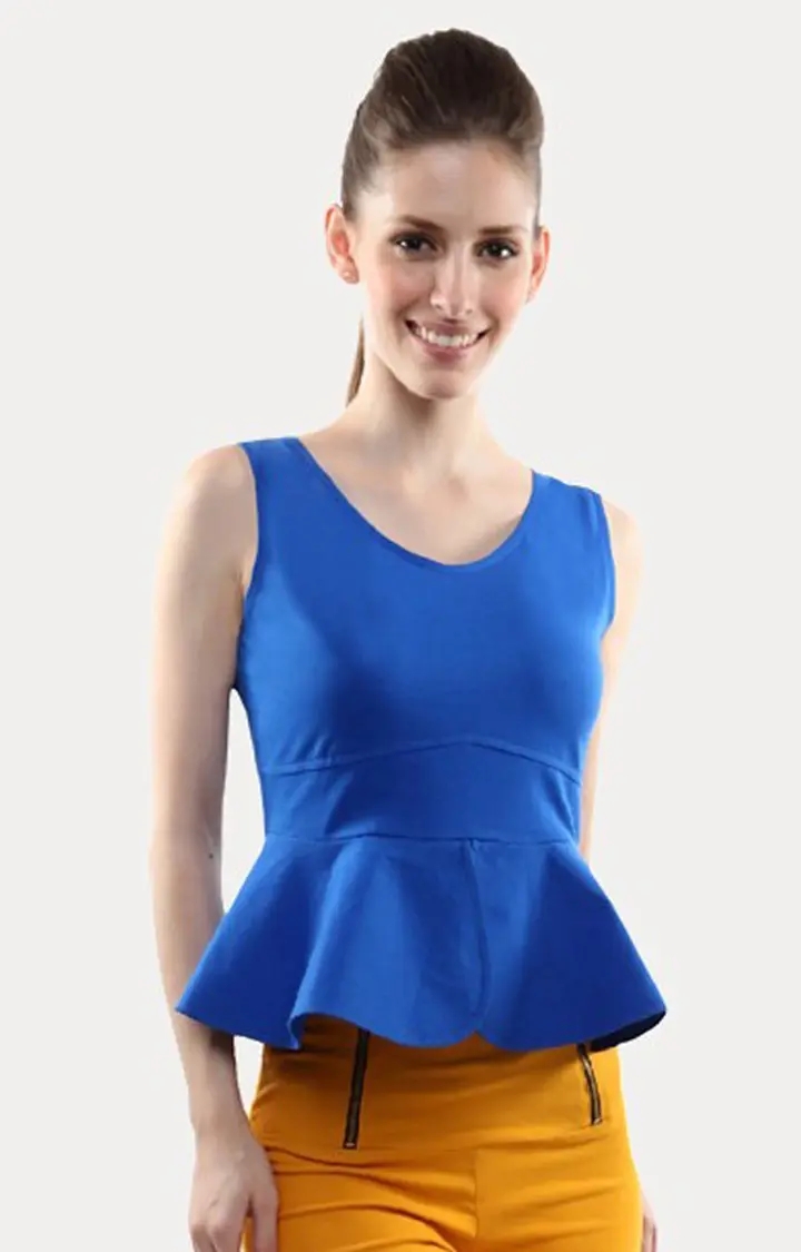MISS CHASE | Women's Blue Viscose SolidCasualwear Peplum Top