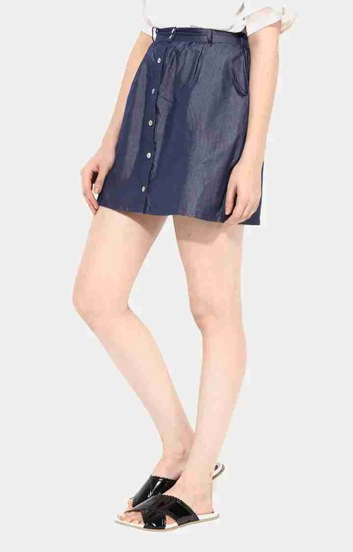 Women's Blue Solid Flared Skirt