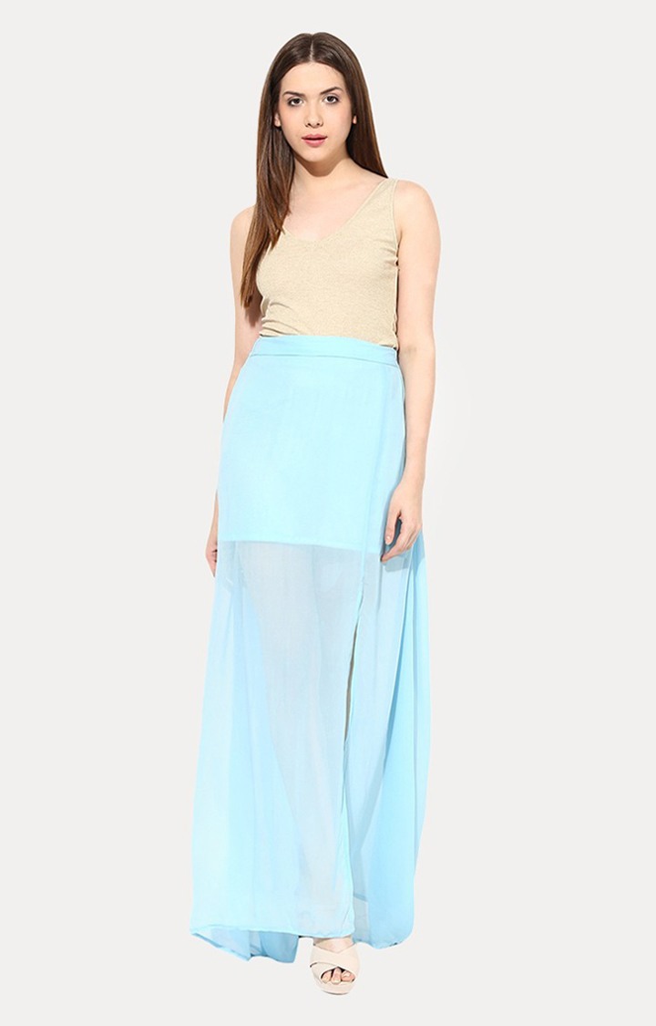Women's Blue Solid Straight Skirt