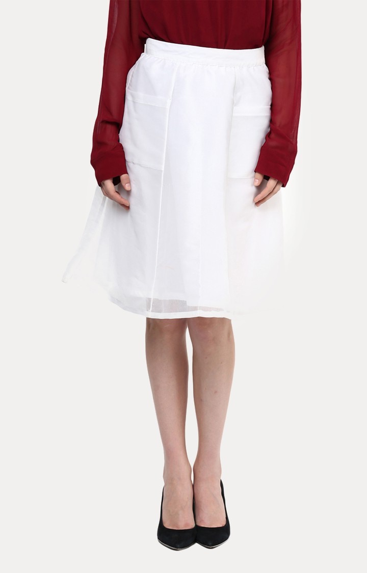 MISS CHASE | Women's White Solid Flared Skirt