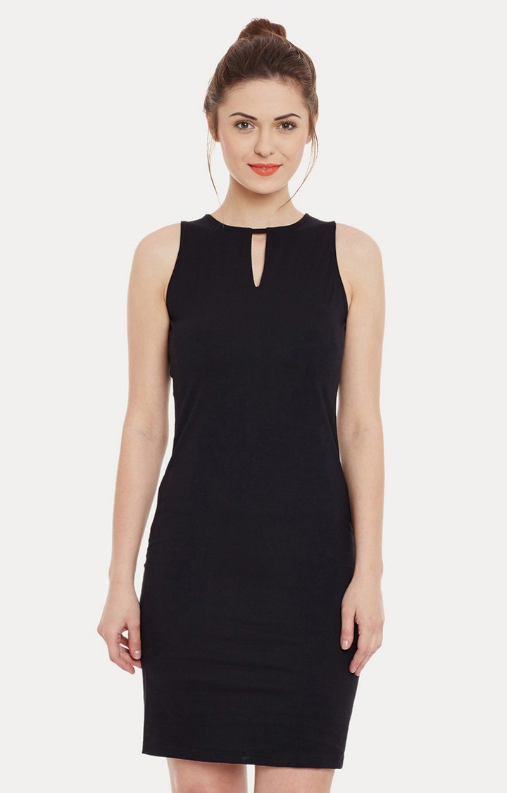 Women's Black Cotton SolidEveningwear Sheath Dress