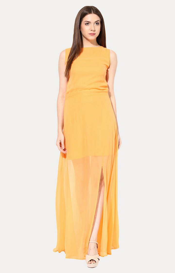 MISS CHASE | Women's Orange Georgette SolidEveningwear Maxi Dress