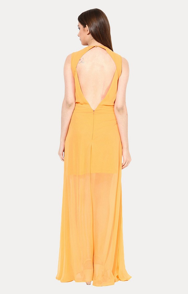 Women's Orange Georgette SolidEveningwear Maxi Dress