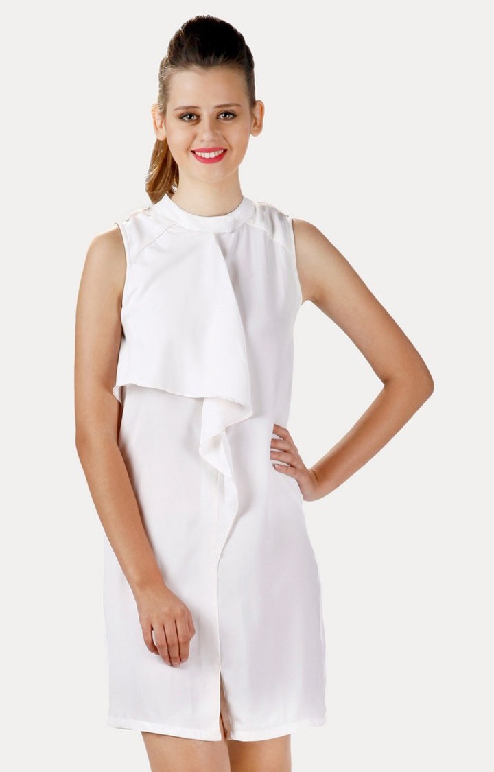 MISS CHASE | Women's White Crepe SolidCasualwear Shift Dress