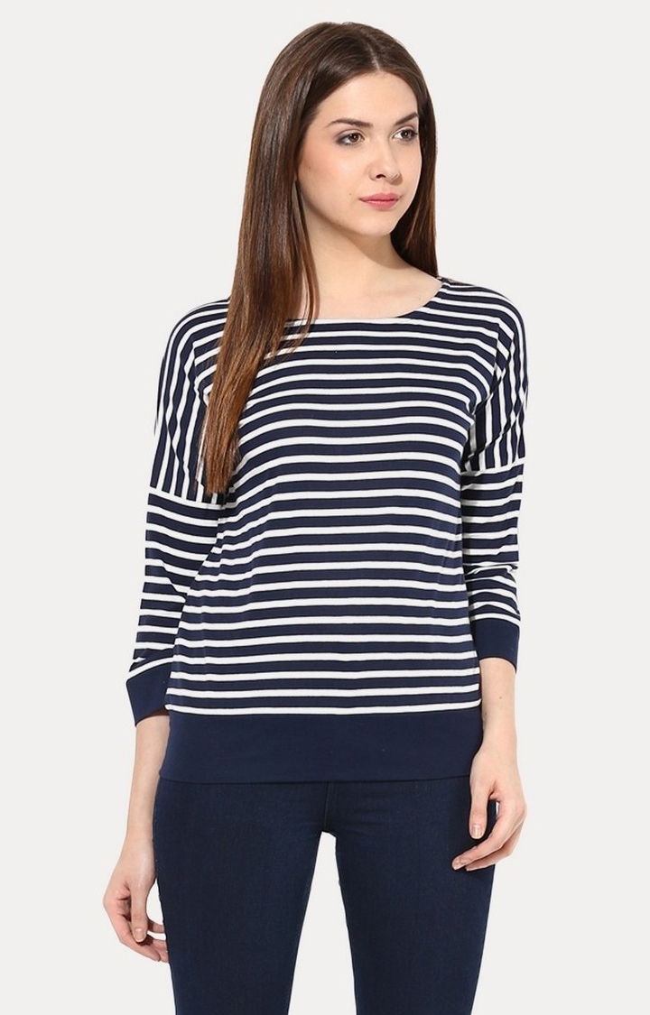 MISS CHASE | Women's Blue Viscose StripedCasualwear Regular T-Shirts