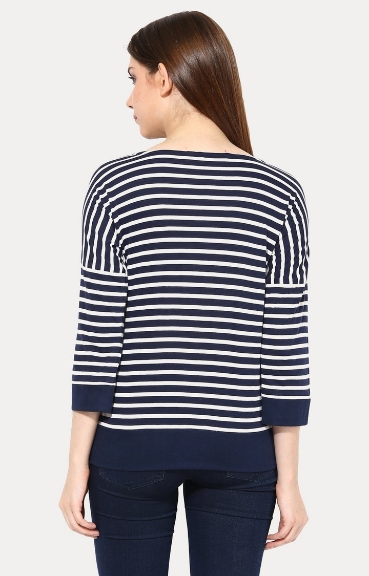 Women's Blue Viscose StripedCasualwear Regular T-Shirts